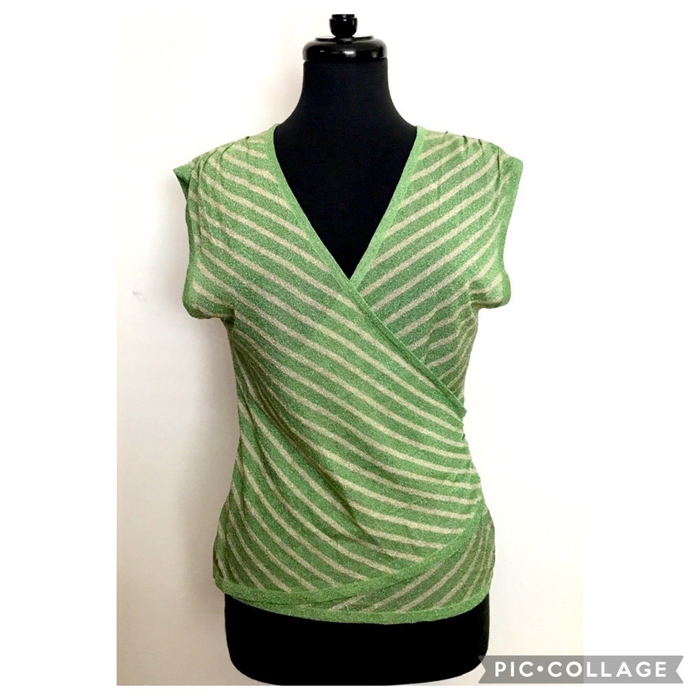 BEBE Green/Cream Stripe with Golden Shimmer Cap Sleeves Blouse Women's Teens